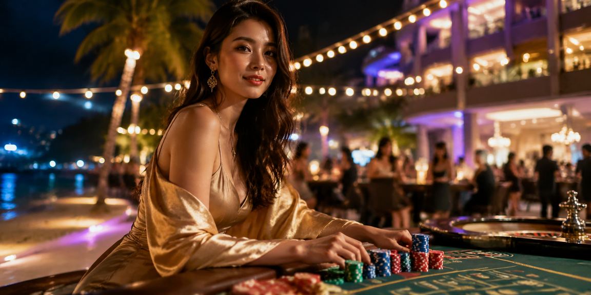 Người chơi slot game thư giãn trên bãi biển Phú Quốc với ánh hoàng hôn rực rỡ